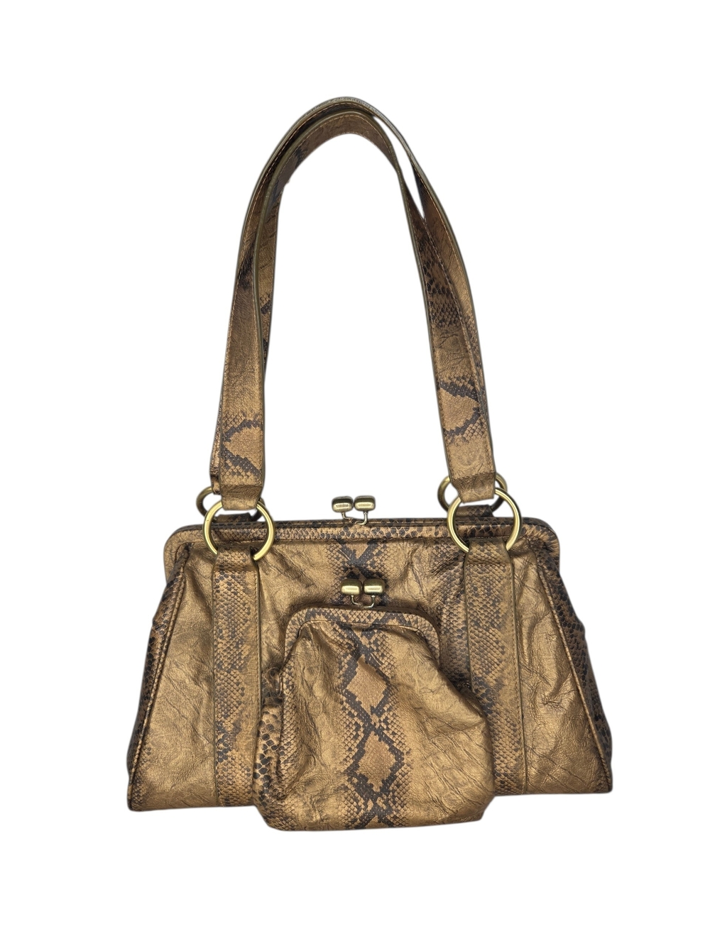 Y2K The Find Brown & Gold Metal Snakeskin Graphic Print Shoulder Going Out Bag